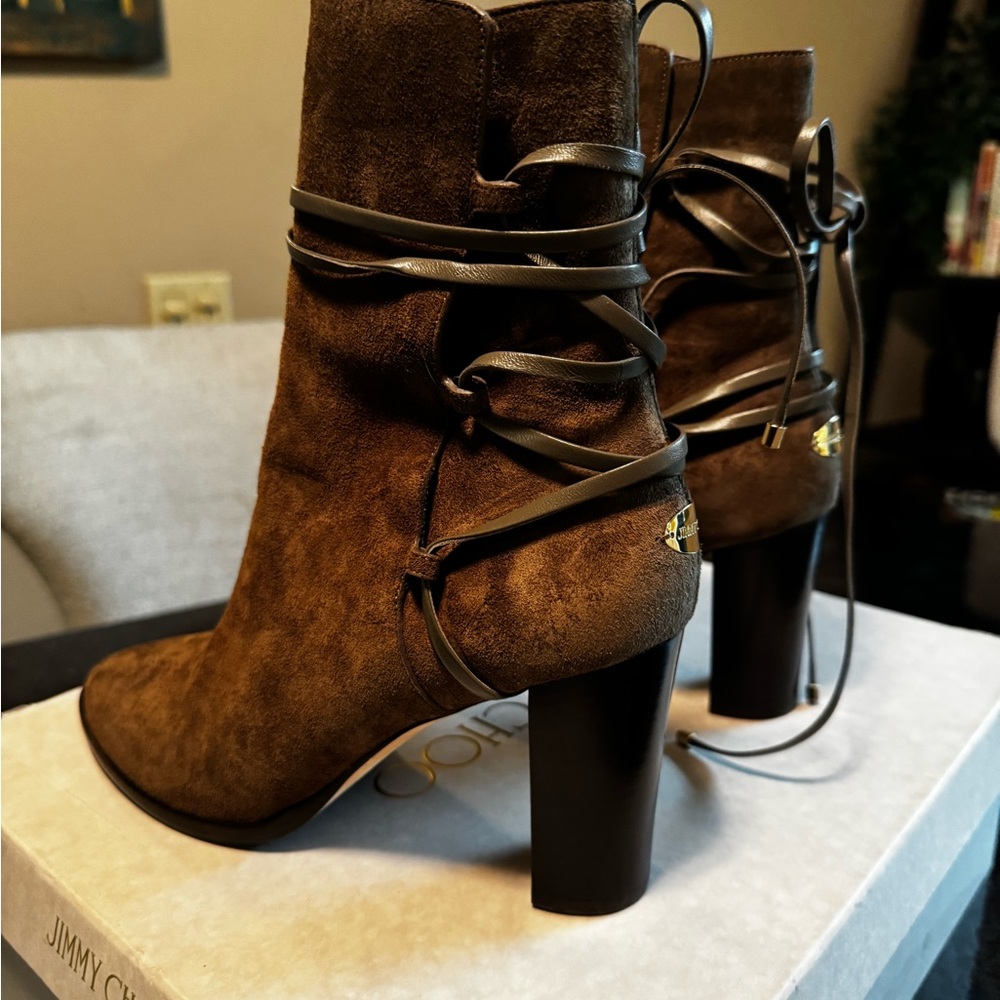 Jimmy Choo Dark Brown Suede Heeled Boots - Picture 2 of 9